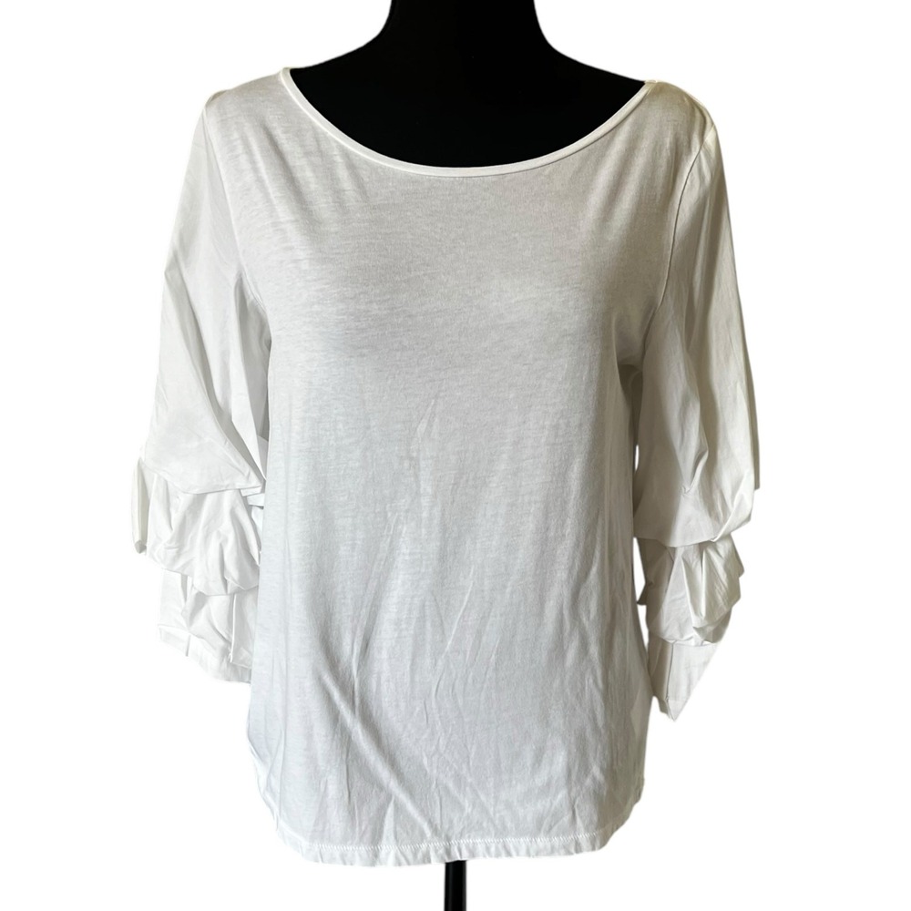 Hallhuber Womens White Tiered Ruffle Sleeve Cotton Top Size L Scoop Neck